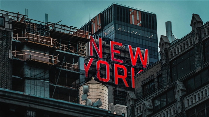 New York City Skyline with Glowing Signage