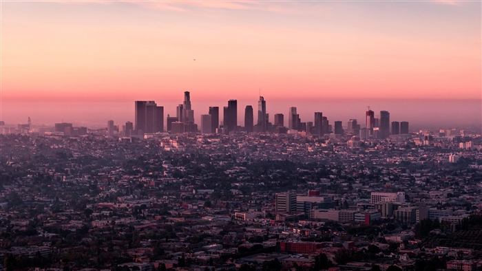 Los Angeles skyline at sunset, Griffith Observatory, 4K