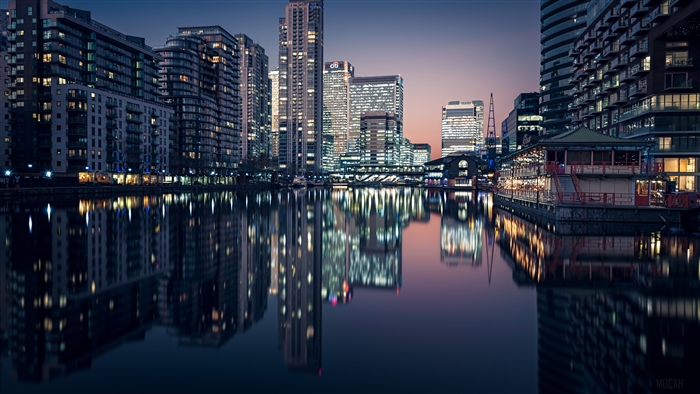 UK Cityscape at Dusk with Water Reflections 4K