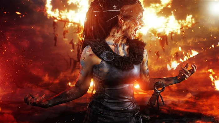 Senua from Hellblade: Senua's Sacrifice in fire 4K