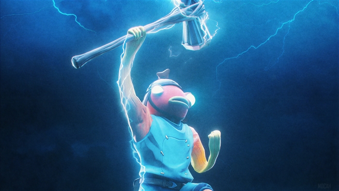Fishstick from Fortnite holding Mjolnir with lightning