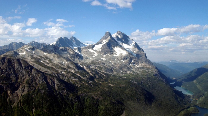 Snow-capped mountains and forested valleys with lakes