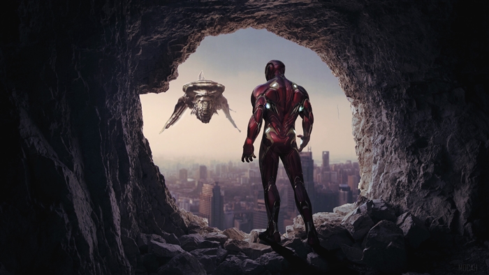 Iron Man from Avengers Endgame in a cave overlooking city