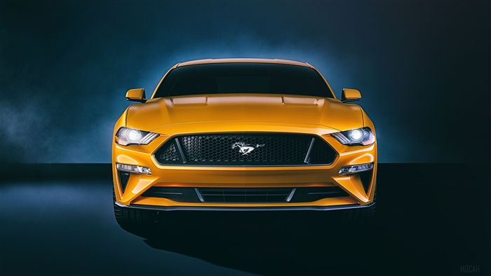 Yellow Ford Mustang GT Front 4K