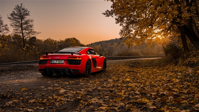Red Audi R8 V10 Plus on a road in autumn