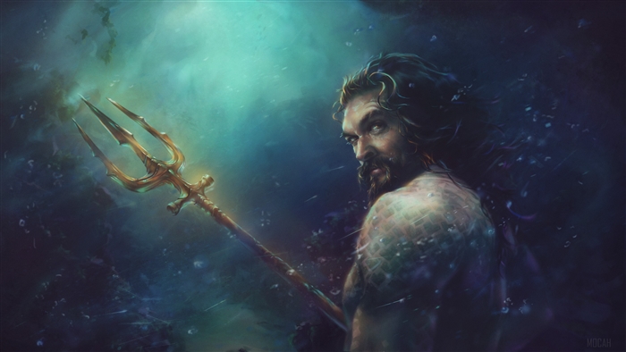 Aquaman holding a trident underwater