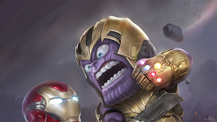 Chibi Thanos with Infinity Gauntlet and Iron Man
