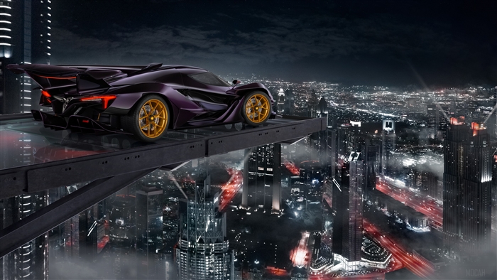 Apollo IE Supercar Parked Over City at Night 4K