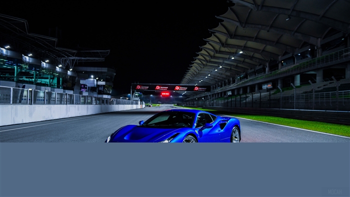 Blue Ferrari F8 Tributo on a Race Track at Night 4K