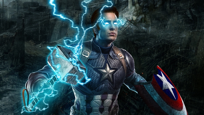 Captain America from Avengers wielding Mjolnir