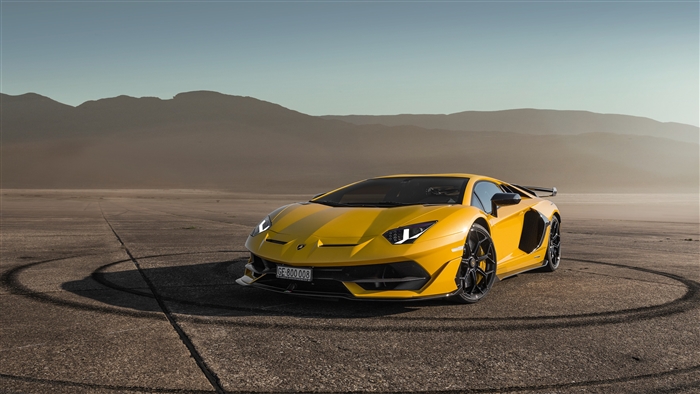 Yellow Lamborghini Aventador SVJ in desert landscape 4K