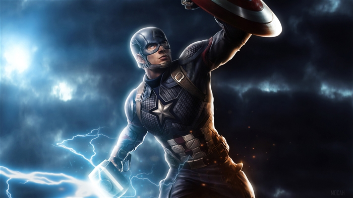 Captain America with Mjolnir and Shield in Stormy Sky