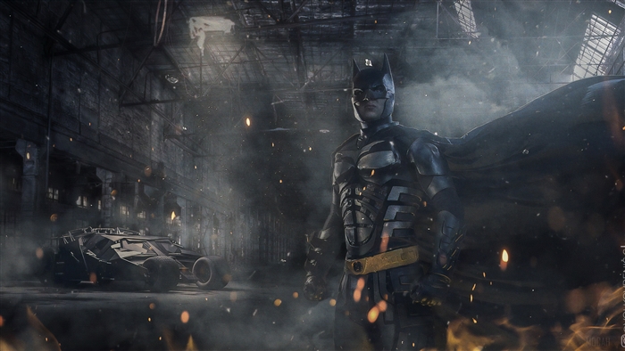 Batman with Batmobile in warehouse 4K