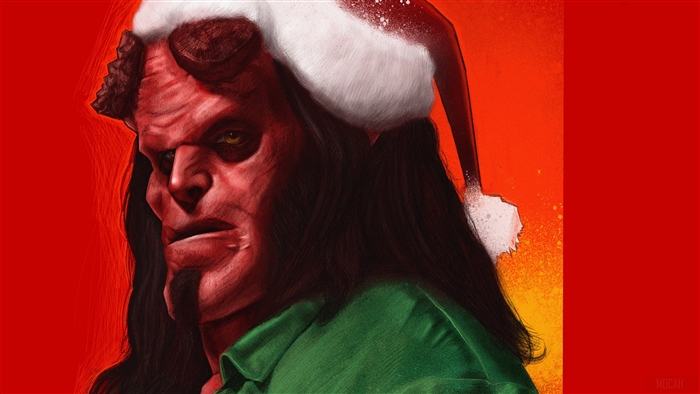 Hellboy wearing a Santa hat