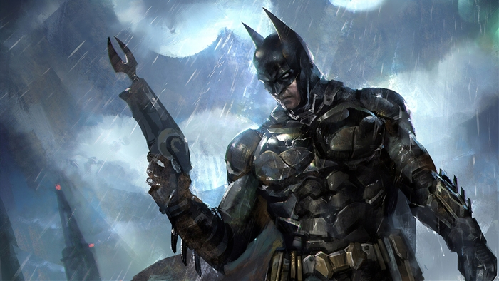 4K Batman holding a Batarang in the rain