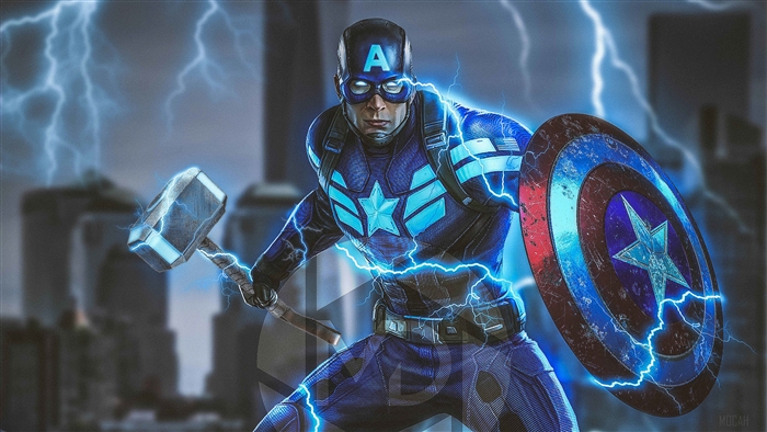 Captain America with Mjolnir and Shield in Lightning