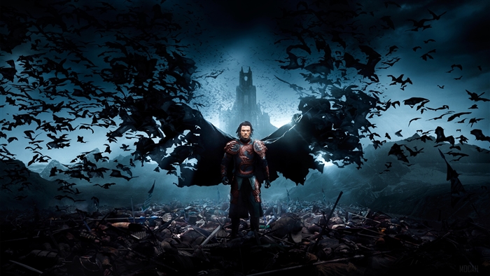 Dracula from Dracula Untold standing in a battlefield with bats