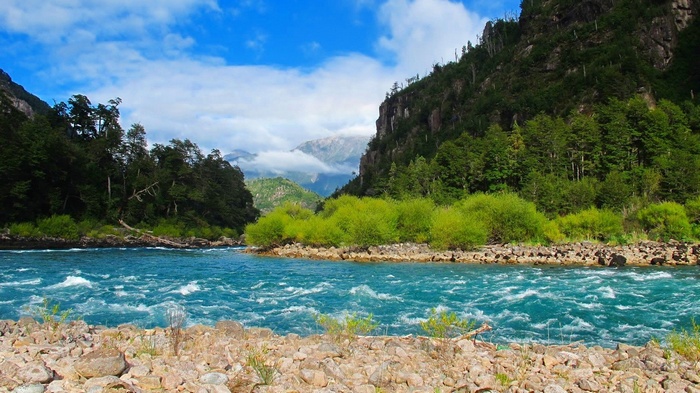 Turquoise river flowing through a forested mountain landscape