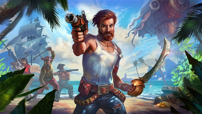 Pirates on a tropical island with a strange airship