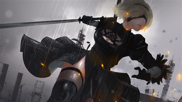 2B from NieR: Automata in the rain 4K