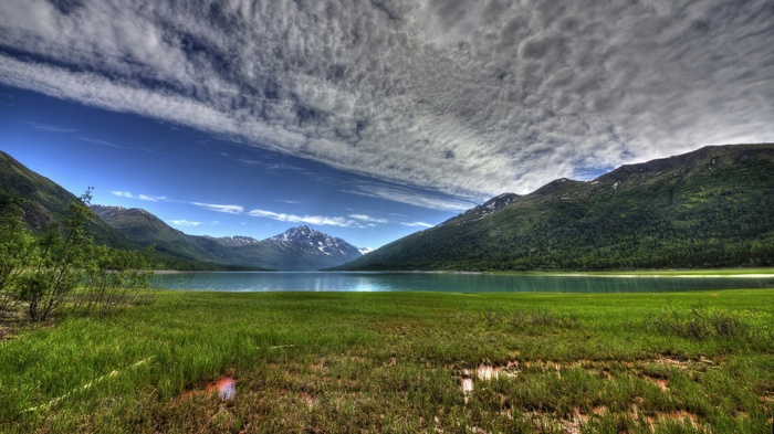 Mountains and a lake under a cloudy sky