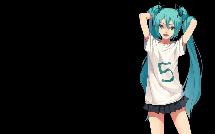 Hatsune Miku from Vocaloid wearing a white t-shirt with a number 5