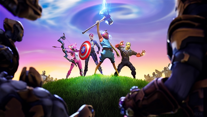 Fortnite characters dressed as Avengers facing Thanos