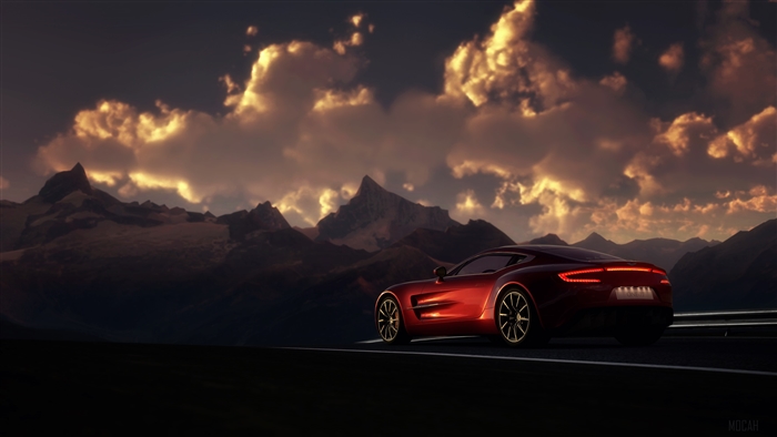 Red Aston Martin One-77 driving on a road with mountains and clouds