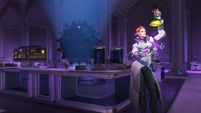 Moira from Overwatch in a laboratory 4K