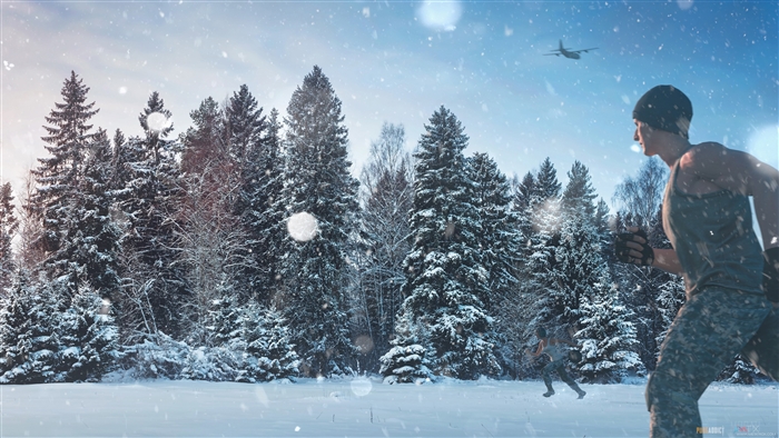 Soldiers running in a snowy forest with a plane overhead