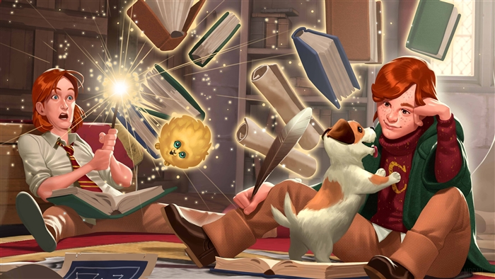 Two students and a dog in Hogwarts Mystery 4K