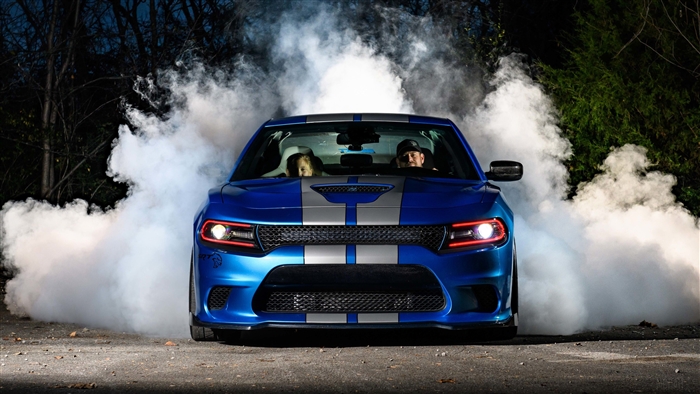 Blue Dodge Charger Hellcat Burnout 4K