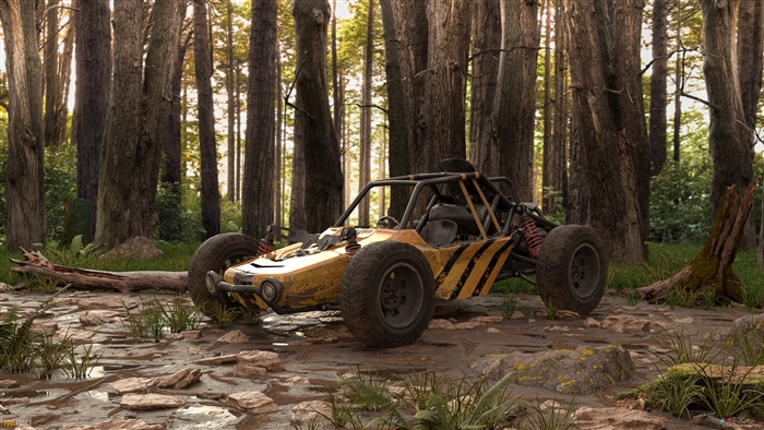 Yellow buggy in a forest 4K