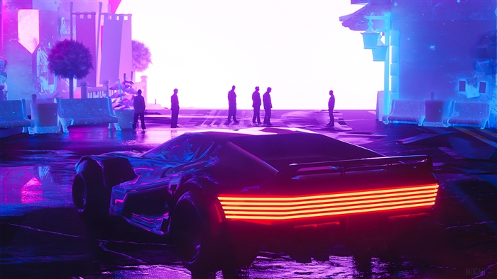 Sci-fi car with people in a neon city