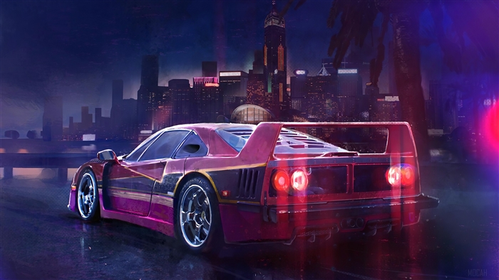 Red sports car in a neon city at night