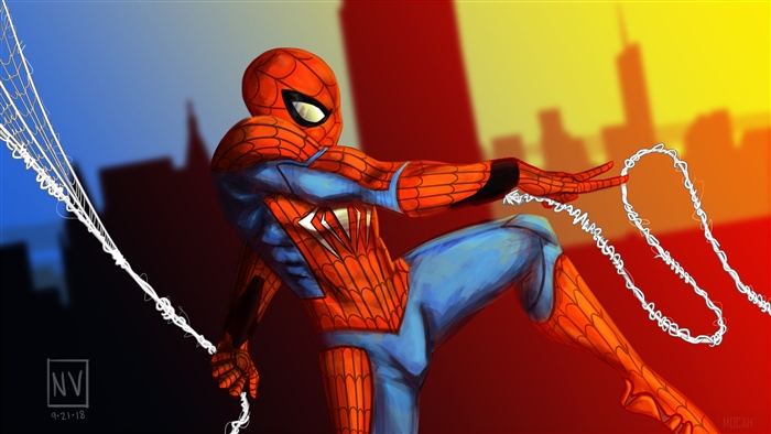Spiderman swinging with webs in city 4K