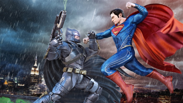 Batman and Superman fighting in the rain 4K