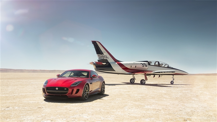 Red Jaguar F-Type and Jet in Desert 4K