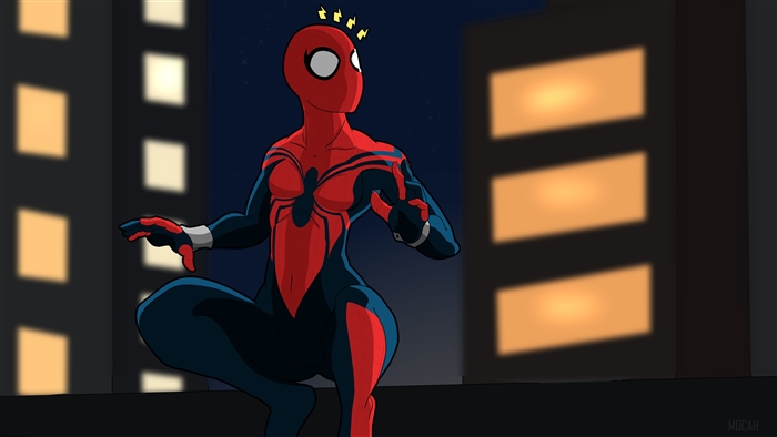 Spider-Girl on a rooftop at night