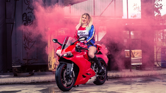Harley Quinn Cosplayer on Red Ducati Motorcycle 4K