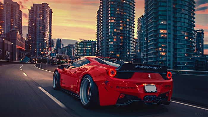 Red Ferrari 458 Italia in Cityscape