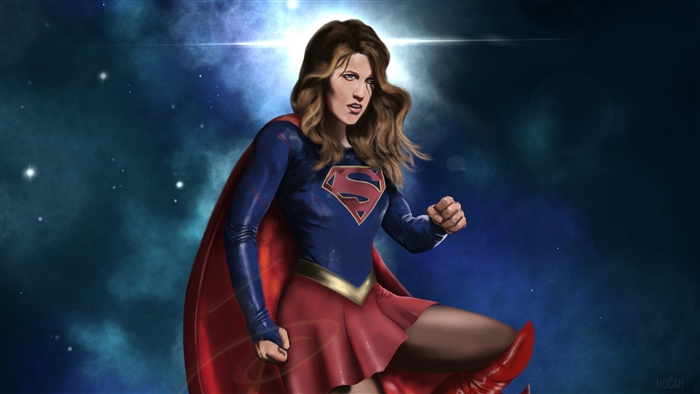 Supergirl in a blue and red costume in space
