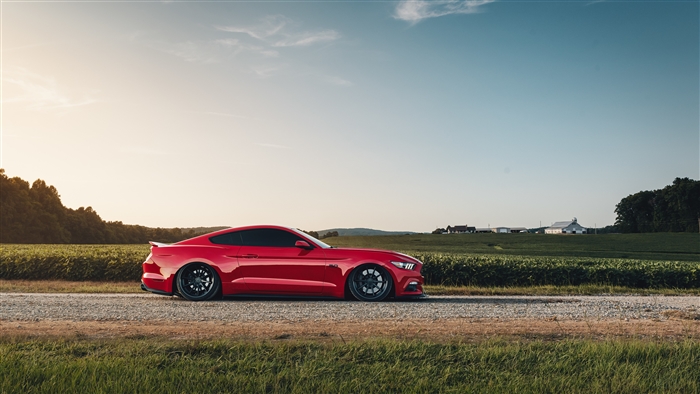 Red Ford Mustang GT on a gravel road