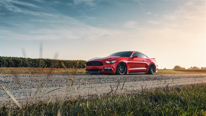 Red Ford Mustang GT on a dirt road