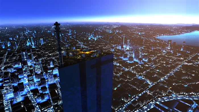 Futuristic Cityscape at Night with Tall Buildings