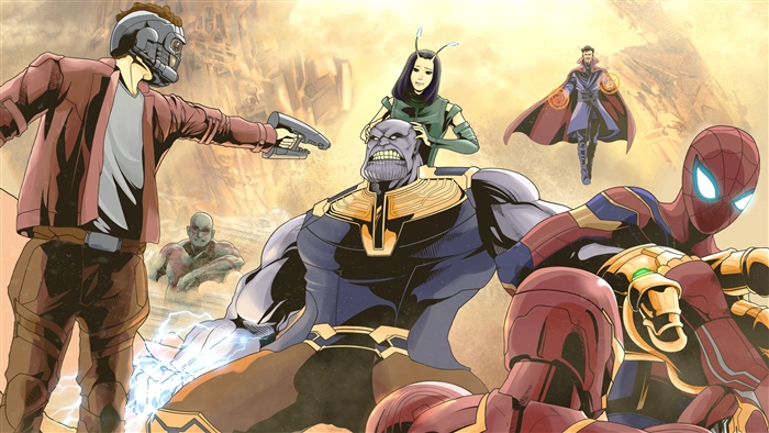 Avengers Infinity War Thanos vs Iron Man, Spider-Man, Star-Lord, Mantis, Doctor Strange, Drax
