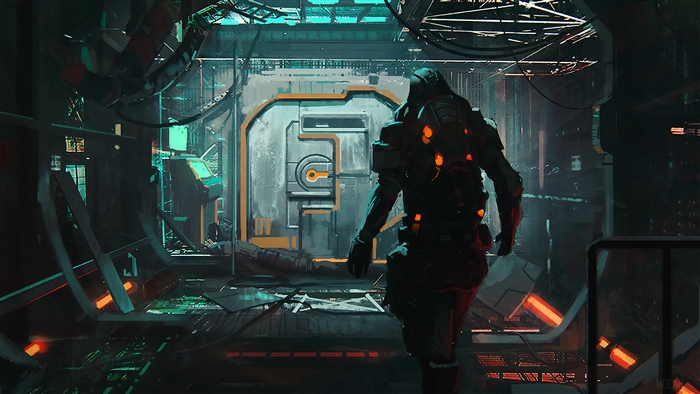 Character in sci-fi suit in derelict spaceship corridor