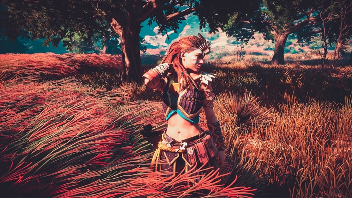 Aloy from Horizon Zero Dawn in a field