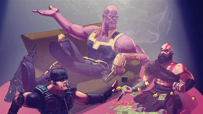 Thanos, Kratos, and Marcus Fenix playing cards 4K