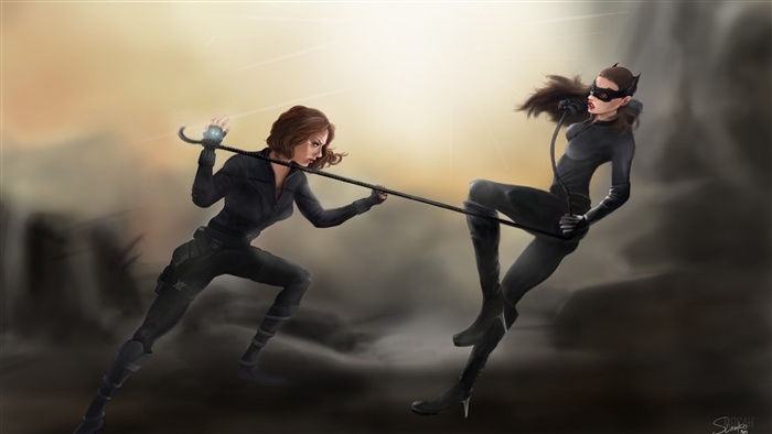 Black Widow and Catwoman in a Tug-of-War